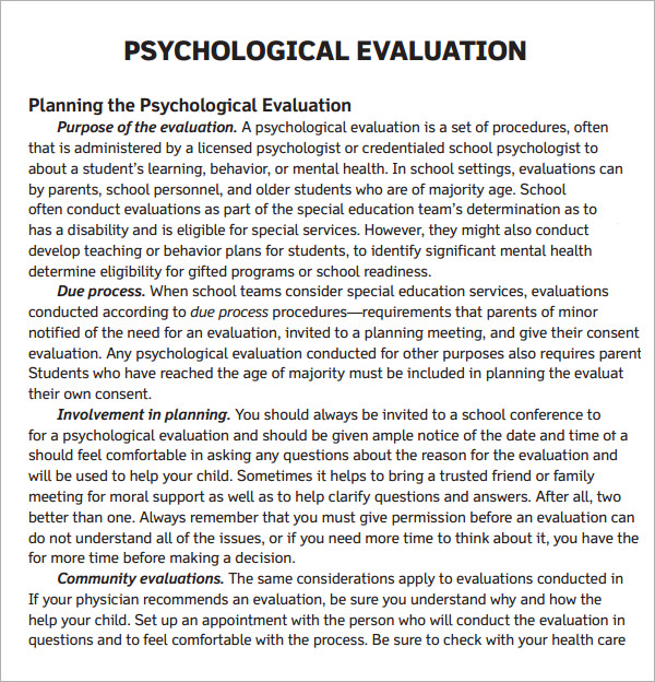 FREE 7+ Sample Psychological Evaluation Templates in PDF