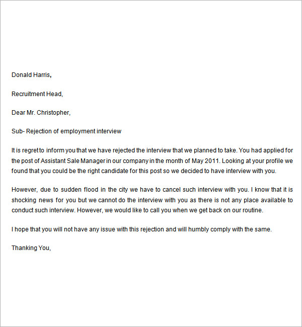 rejection letter after interview