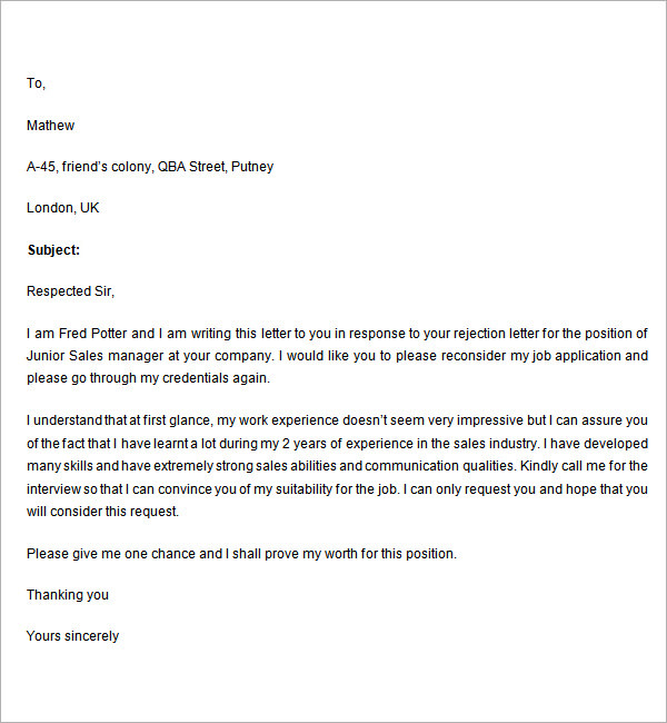 Sample Rejection Letter - 7+ Free Documents Download in Word