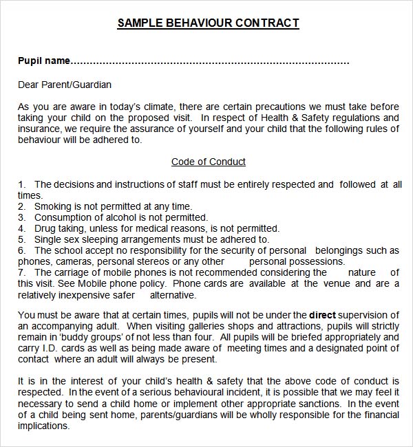 sample behaviour contract 15 free documents download in pdf word