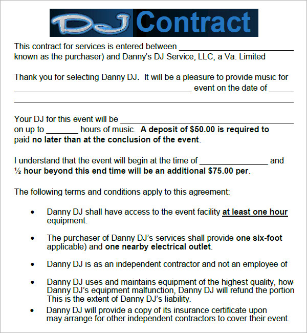 dj forms sample contract Download Contract Sample DJ 16  Sample Best Templates to