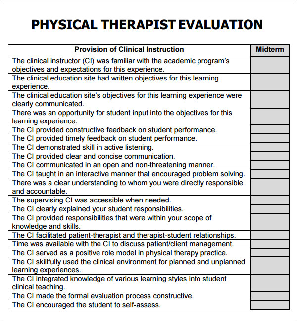 Physical Therapy Evaluation Template   School Physical Therapy Evaluation Form 