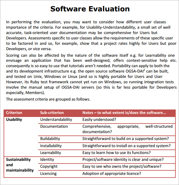 Free 9 Software Evaluation Samples In Pdf Ms Word 