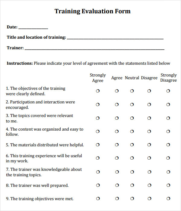 training evaluation form template free