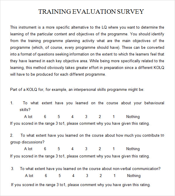 training evaluation survey template