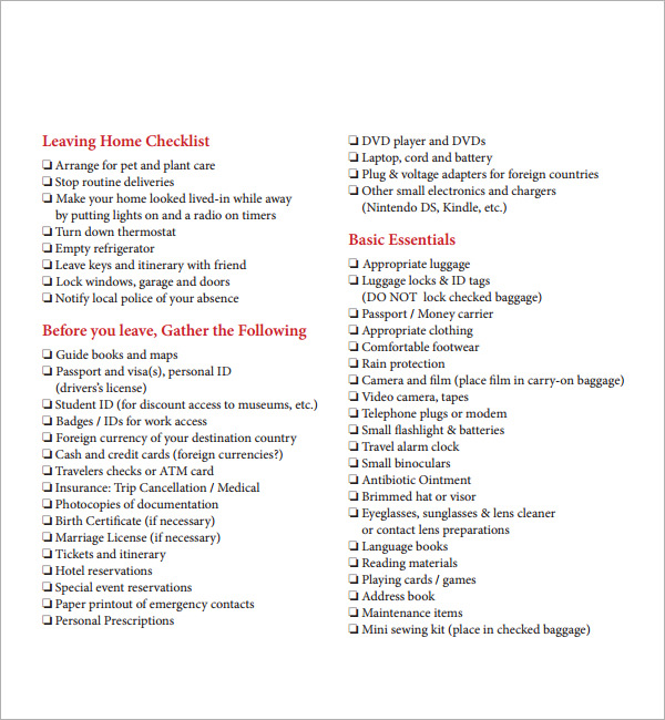 vacation checklist printable 