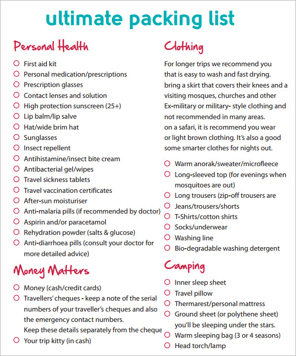 free 8 travel checklist samples in excel google docs