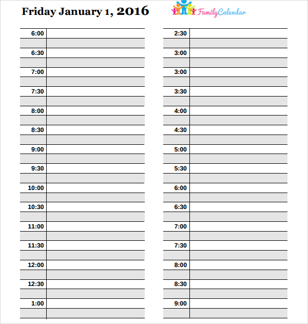 family daily calendar template