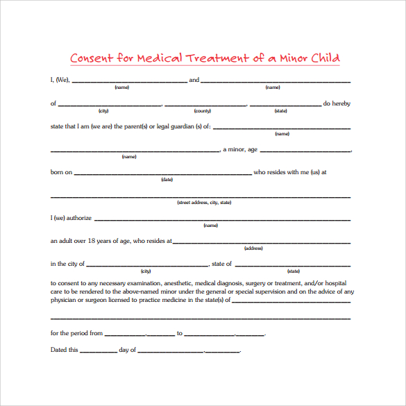 medical consent form of a minor child
