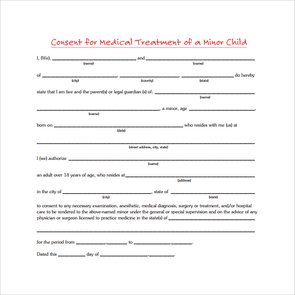 Free Printable Medical Consent Form For Minor Child