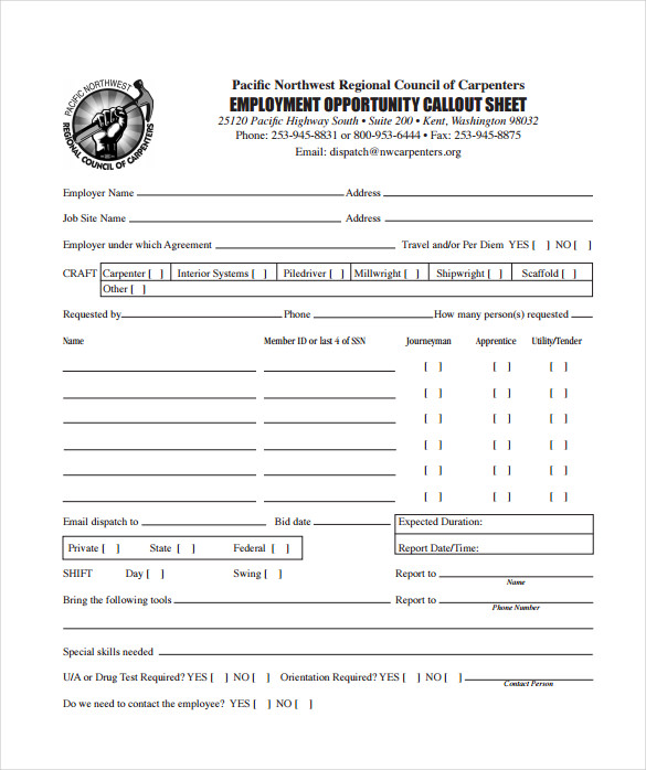 Call Out Form Template