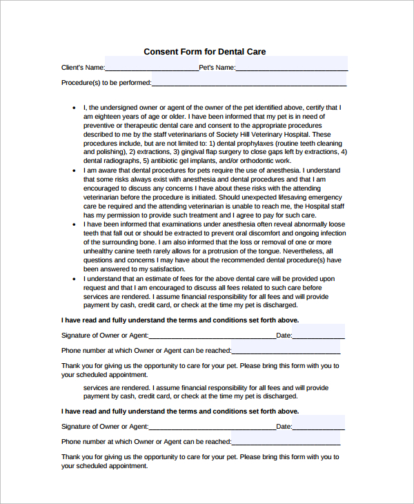 consent form for dental care