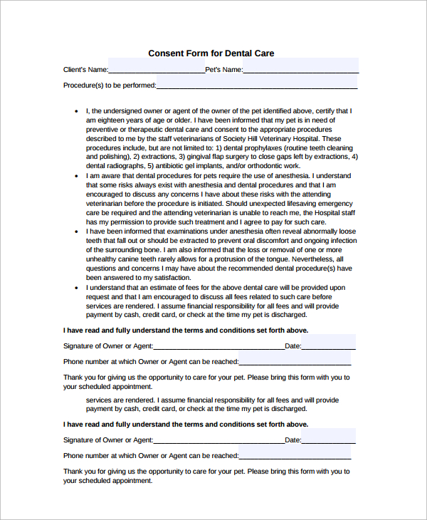 Printable Dental Treatment Consent Form