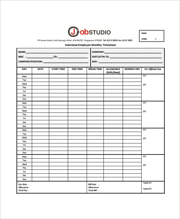 Employee Timesheet Sample - 11+ Documents in Word, Excel, PDF