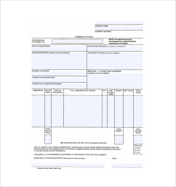 commercial invoice form template
