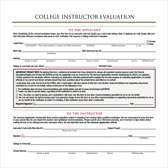 college instructor evaluation form