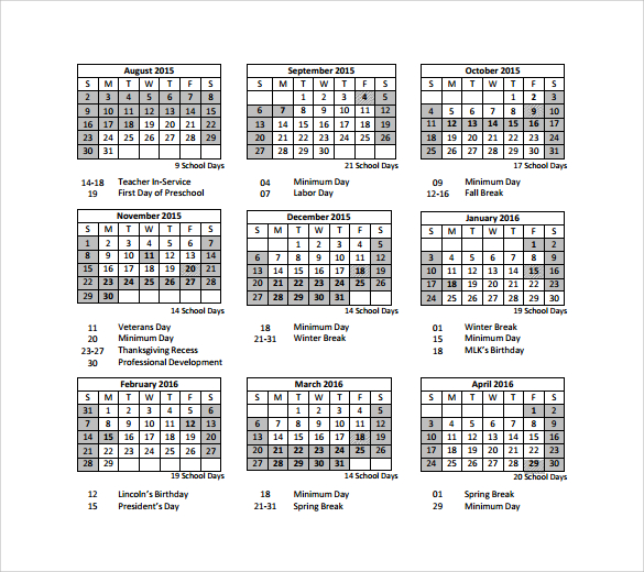 sample pre school calendar template