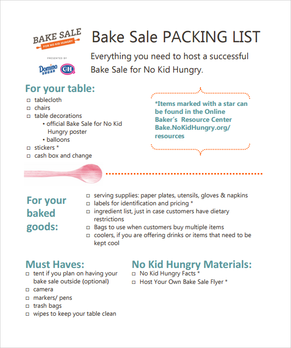 bake sale packing list