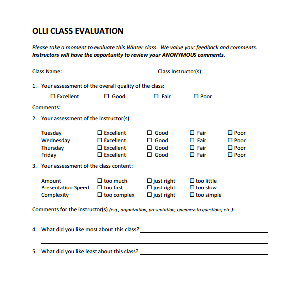 printable class evaluation template