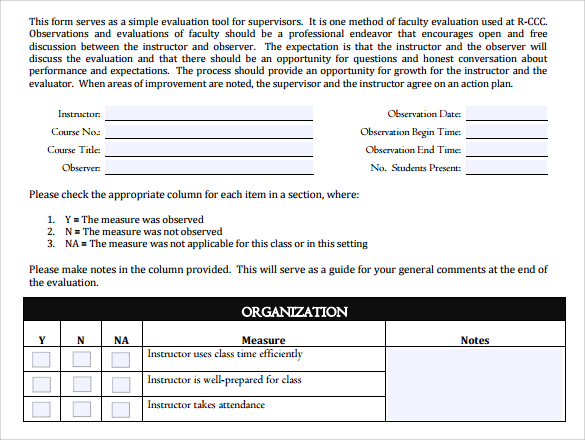 print class evaluation template