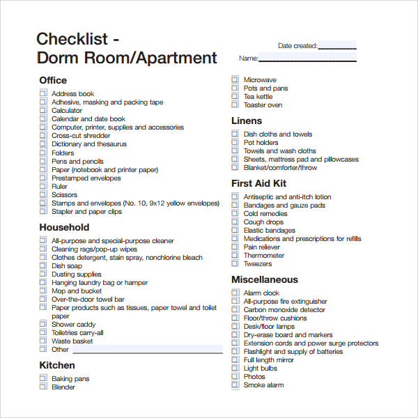 dorm room checklist editable pdf