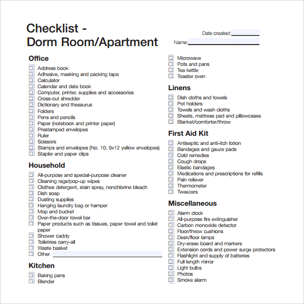 Free 13 Sample Dorm Room Checklist Templates In Google Docs