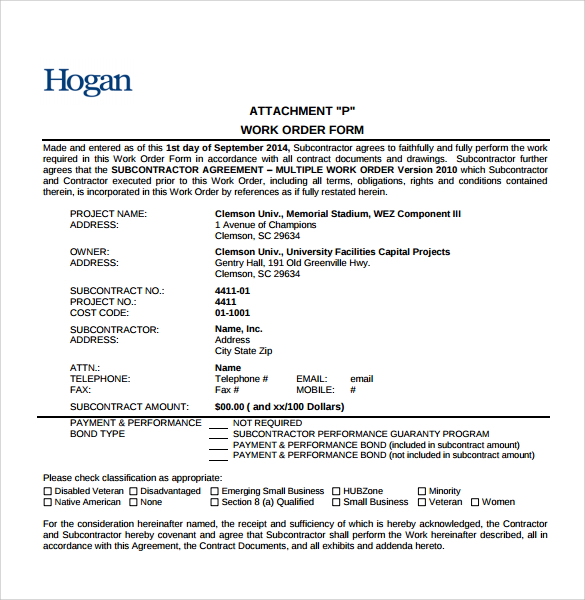 construction work order form template