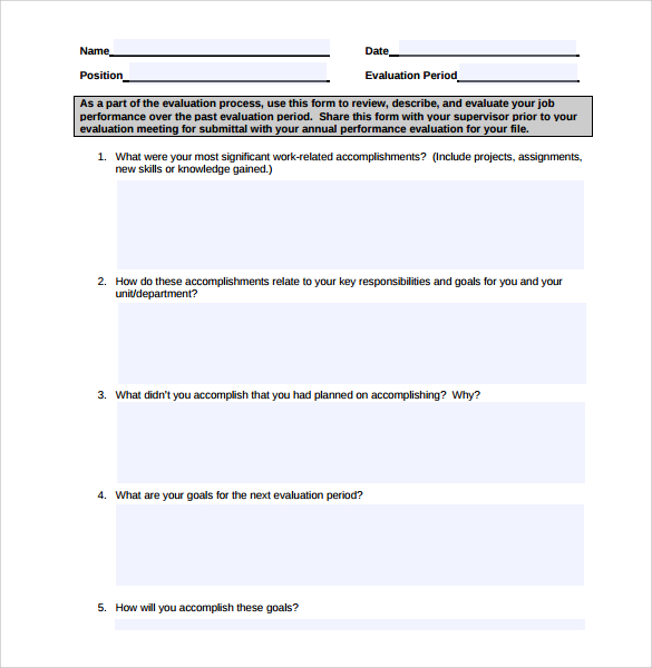 employee self evaluation quessionarrie form