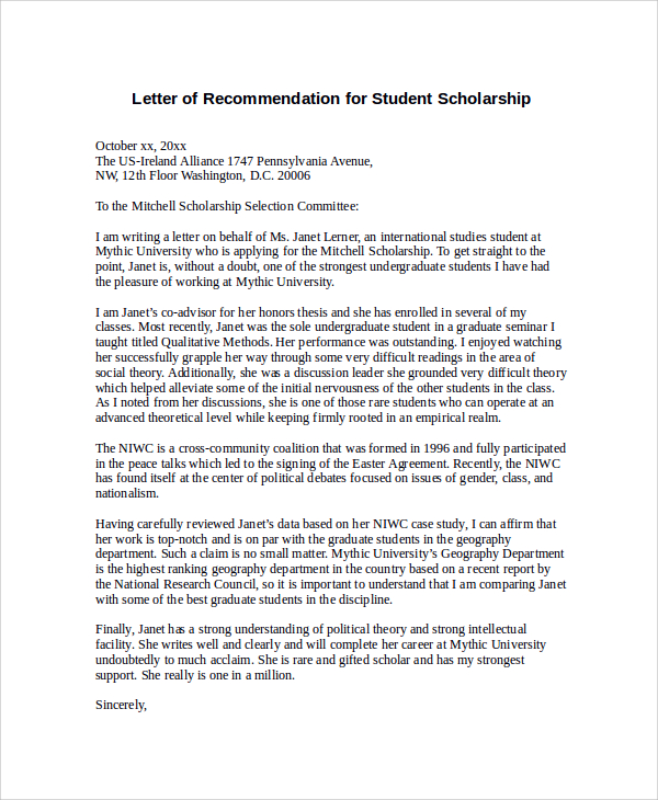 Sample Letter of Recommendation for Scholarship - 29 