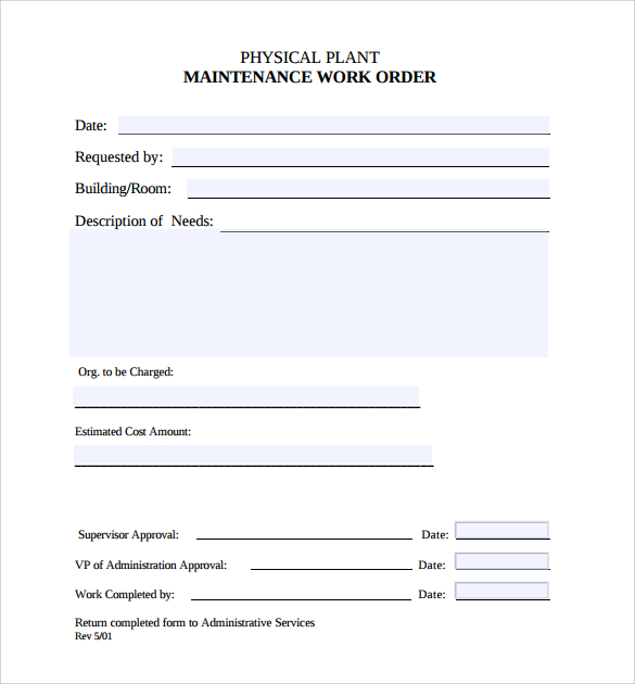hotel maintenance work order form