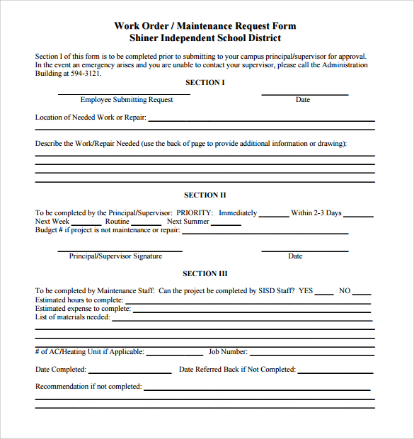 sample maintenance work order form 5 free documents in pdf