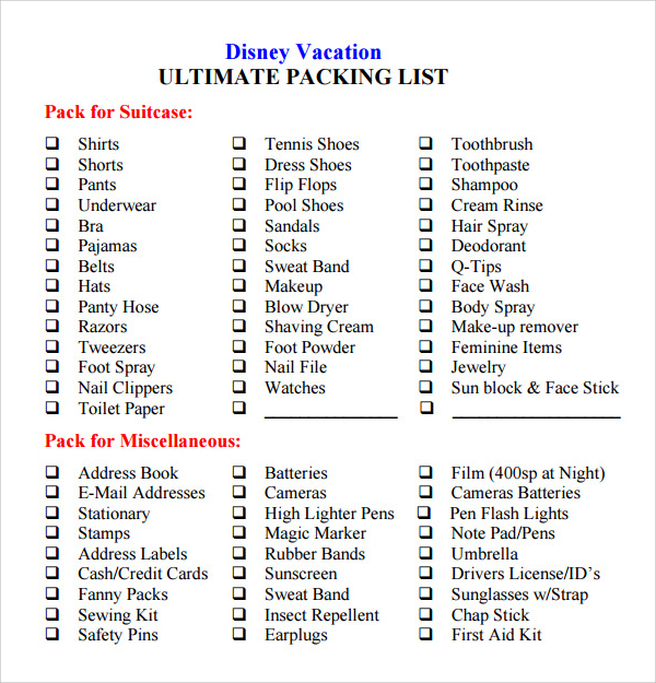 sample vacation checklist