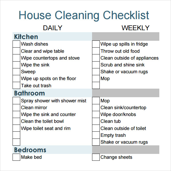 house cleaning checklist example