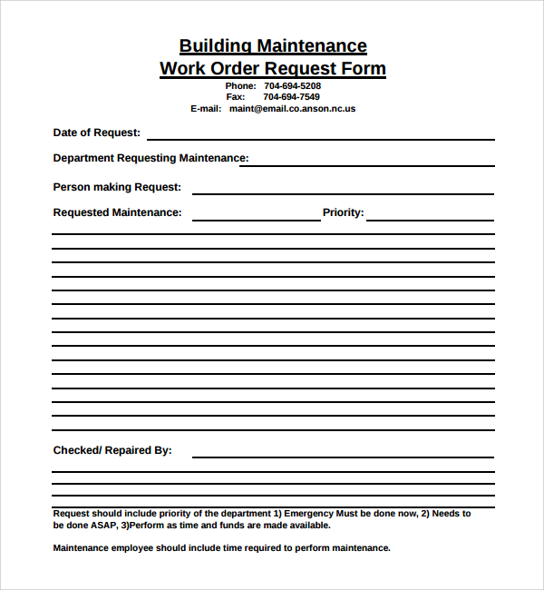 8+ Sample Maintenance Work Order Forms | Sample Templates