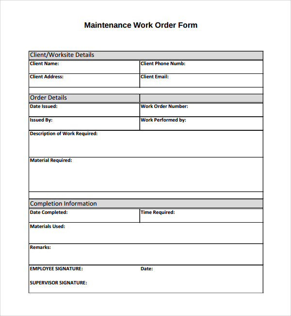 Simple Maintenance Work Order Form