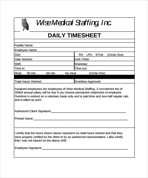 printable daily timesheet template