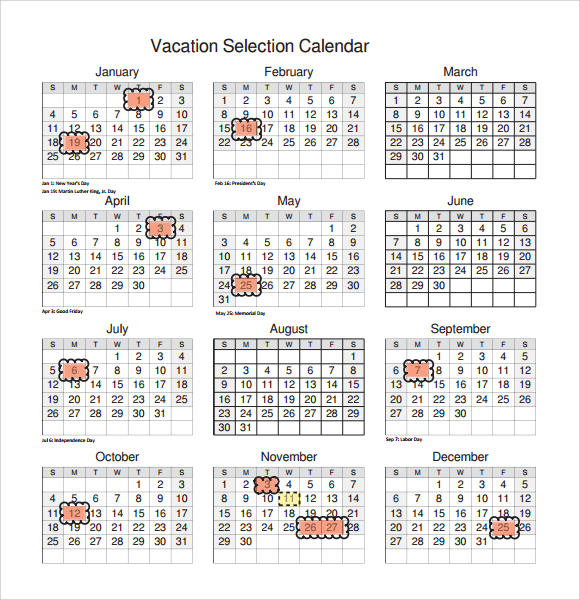 7 Sample Vacation Calendars Sample Templates 5361