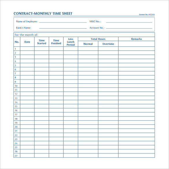 contract monthly timesheet template