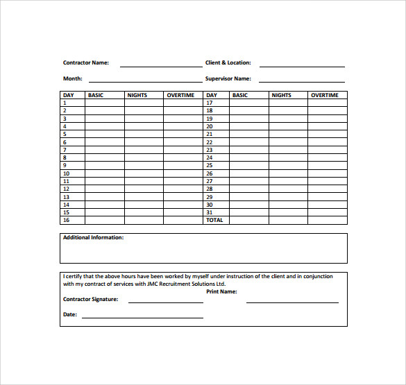 contractor monthly timesheet template