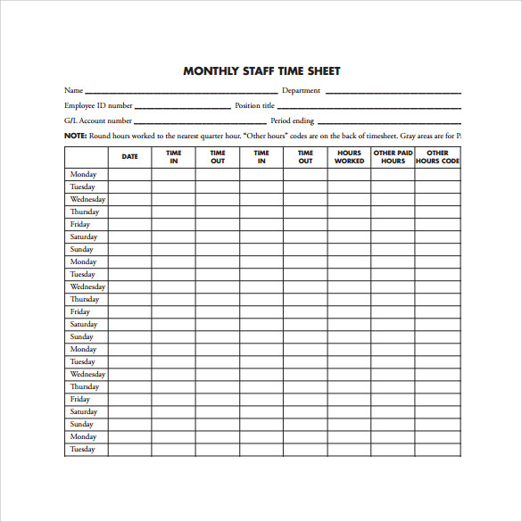 monthly staff timesheet template