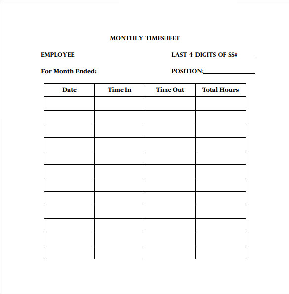 monthly timesheet template pdf