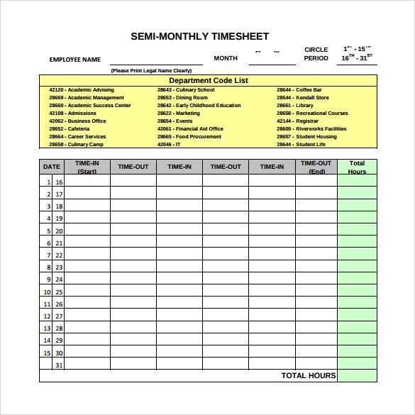 Free Semi Monthly Timesheet Template Excel