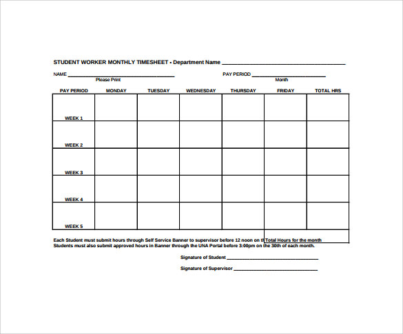student worker monthly timesheet template