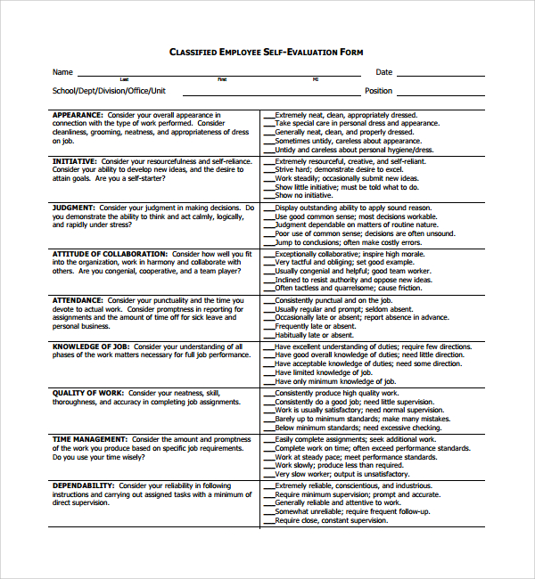 self performance appraisals samples