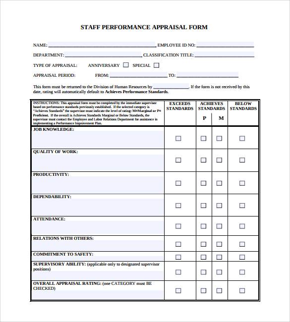 6  Employee Performance Appraisal Form Templates Sample Templates