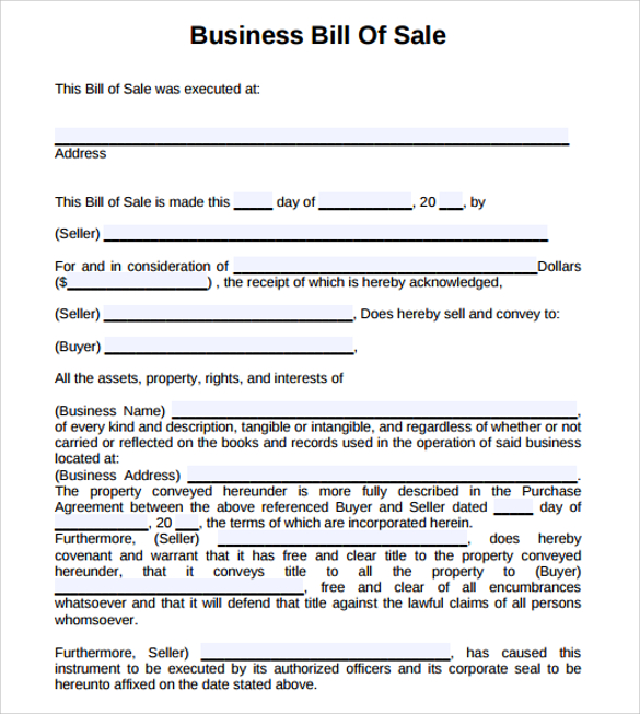 sample business bill of sale form