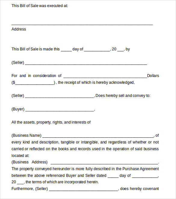 simple business bill of sale form