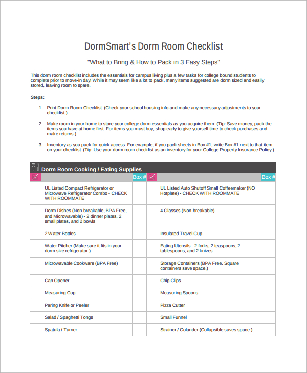 kitchen dorm room checklist