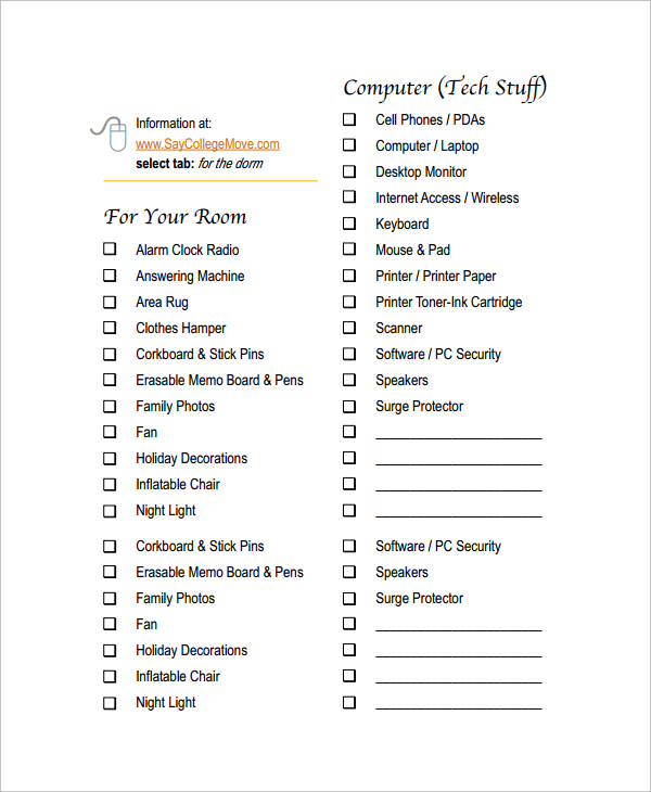 dorm room gadgets checklist template