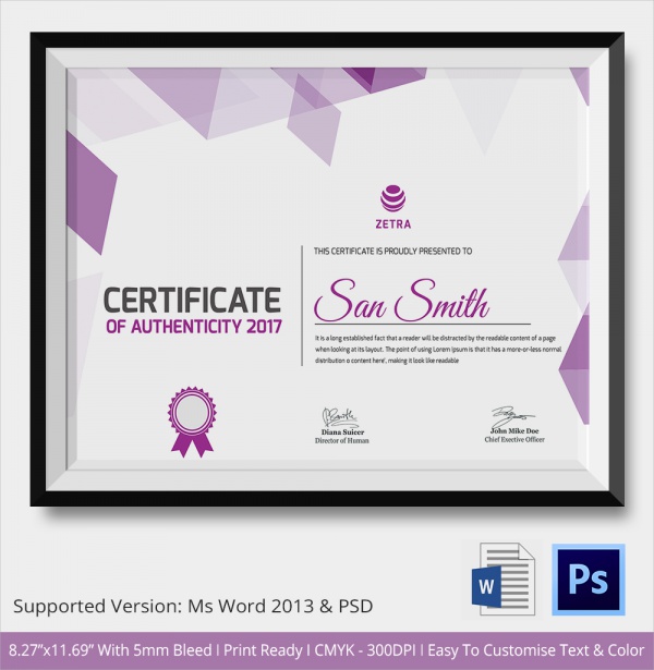 purple colour authenticity certificate template
